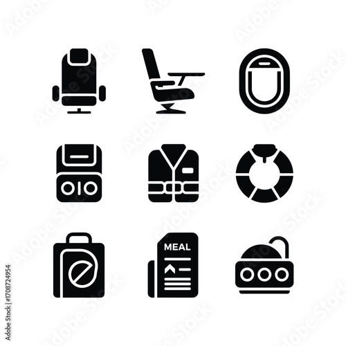 Collection of travel and safety icons for aviation including airplane seat life vest luggage window and lock