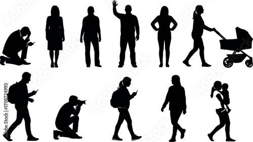 silhouette, people, vector, pose, walking, standing, kneeling, waving, parenting, camera, backpack, casual, formal, lifestyle, urban