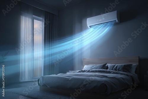 Modern bedroom with air conditioning unit and cool air flow at night