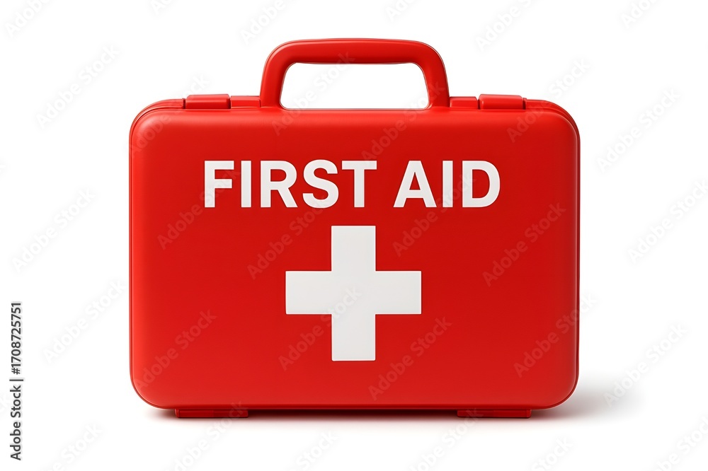 Obraz premium red first aid kit box isolated on white background