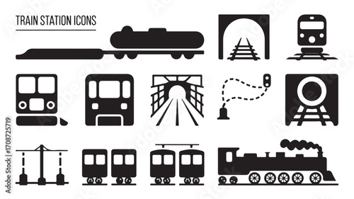 Train station icons vector set transportation subway railway public transport travel graphic design 100