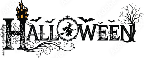 Spooky Halloween graphic with haunted castle, witch, bats, and bare tree