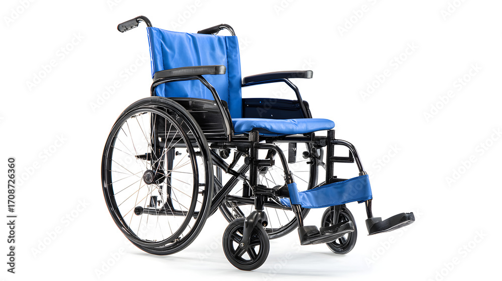Fototapeta premium Durable and comfortable blue wheelchair ready for patient mobility and accessibility needs in medical or home settings