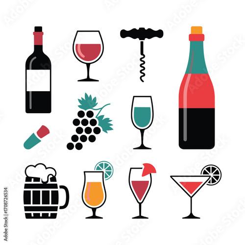 Collection of alcoholic and non-alcoholic beverage icons including wine bottles glasses beer cocktail and corkscrew