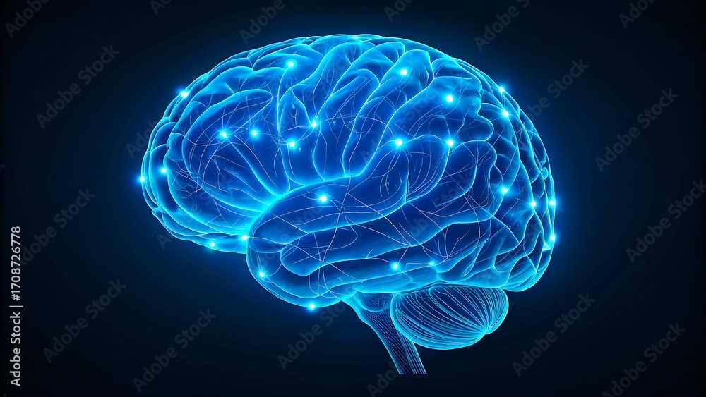 Fototapeta premium Glowing digital human brain with neural network connections on dark background 