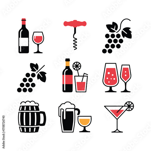 Collection of bar drinks and party accessories icons for beverage and celebration themes