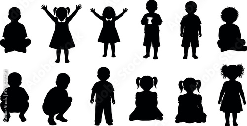 Silhouettes of diverse children in various poses, sitting, standing, squatting, playful gestures, isolated black vector on white background