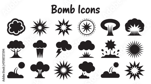 Bomb explosion icons vector set illustration various styles of bombs and explosions black and white clip art