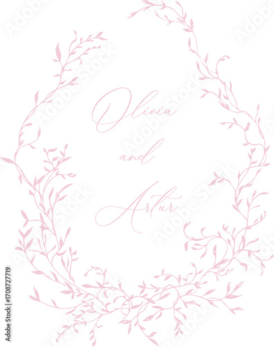 Wedding hand drawn line floral frame. Vintage wedding greenery wreath. Vector illustration botanical decoration elements for wedding invitation, label, branding business identity, greeting card
