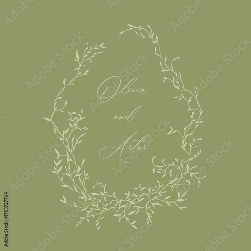 Wedding hand drawn line floral frame. Vintage wedding greenery wreath. Vector illustration botanical decoration elements for wedding invitation, label, branding business identity, greeting card