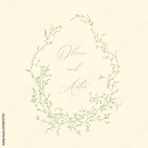 Wedding hand drawn line floral frame. Vintage wedding greenery wreath. Vector illustration botanical decoration elements for wedding invitation, label, branding business identity, greeting card