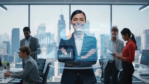 Businesswoman Analyzing Data on Holographic Interface - A smiling businesswoman interacts with a holographic display showing various charts and graphs, demonstrating modern business analytics and