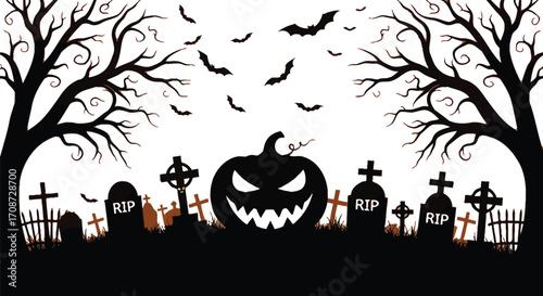 Spooky Halloween graveyard scene with jack-o-lantern and bats flying under silhouetted trees.
