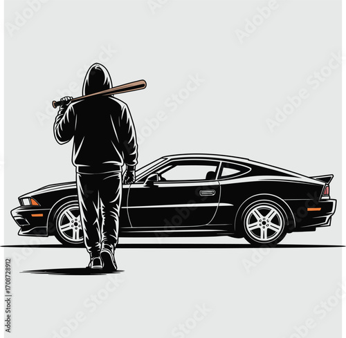 Person in black hoodie holding baseball bat stands next to black sports car male figure
