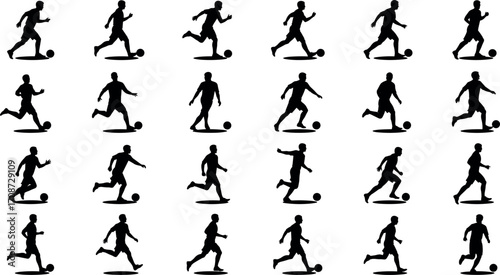 Soccer player silhouette sequence showing dynamic dribbling motion, sports action poses, athletic movement, football training, vector illustration set