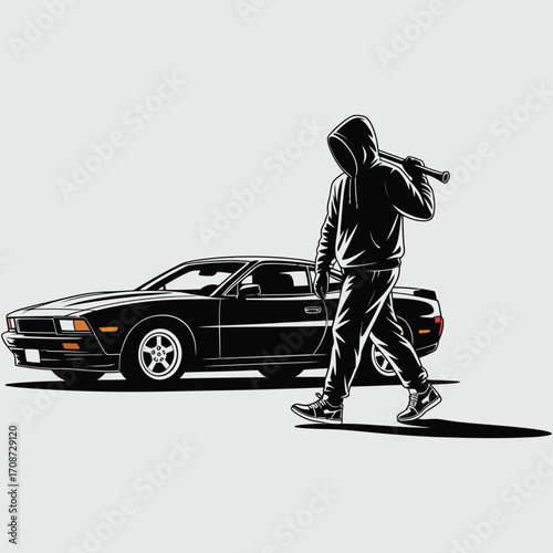 Black hooded figure carrying baseball bat walks past black classic car person hoodie