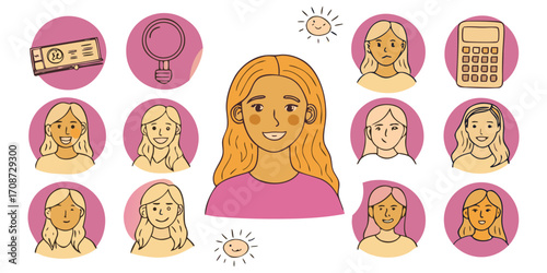 Diverse Female Faces and Icons Representing Emotions and Analysis Keywords: woman, girl, face, portrait, icon, illustration