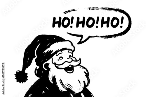 Jolly Santa Claus with beard laughing and saying Ho Ho Ho in vintage comic style on white background, concept of Christmas cheer and joy