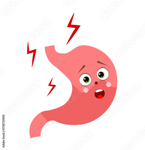  Stomach with a face. Stomach diseases concept. Gastritis, ulcer