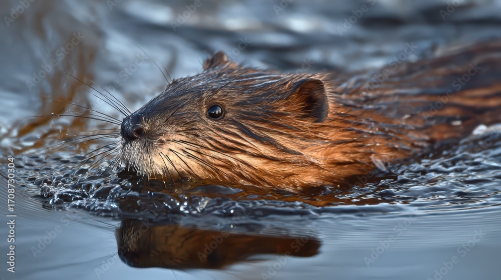 Fototapeta premium Majestic American Beaver Ondatra Zibethicus Swimming in a Swampy Wetland Perfect for Naturefocused Projects, Boosting Awareness and Tranquility.