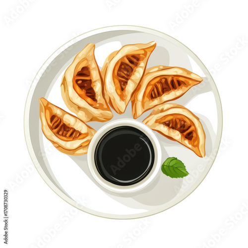 Delicious Golden Fried Dumplings Served with Soy Sauce on a White Plate on transparent background