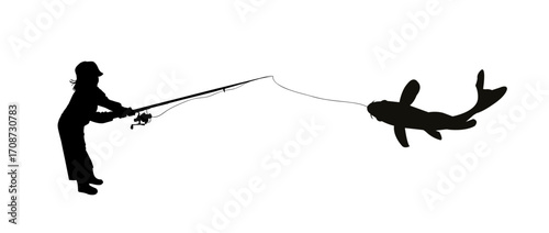 Silhouette of a child catching fish. Fishing in the sea or on a river. Stock vector illustration. hand drawn. Not AI