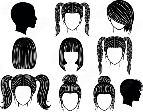 Stylish Female Haircut Silhouettes and Braided Hairstyles Collection – Vector Set of Trendy Women Hair Designs for Fashion and Beauty