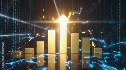 Experience dynamic financial growth with this sleek golden bar graph showing upward trends and digital data streams, ideal for modern business presentations and tech-forward investment strategies