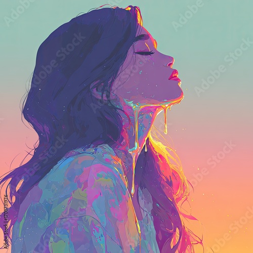 Woman with dripping, colorful liquid