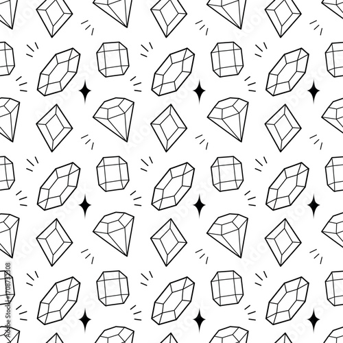 Seamless Gemstone Pattern with Diamonds and Crystals Line Art