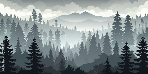 Extensive grey forest landscape with mountains and cloudy sky nature trees