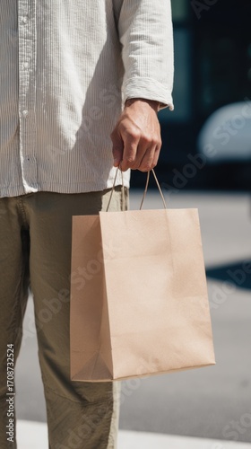 Man wearing striped shirt holding small kraft paper shopping bag while walking outdoors, urban lifestyle and eco-friendly concept.