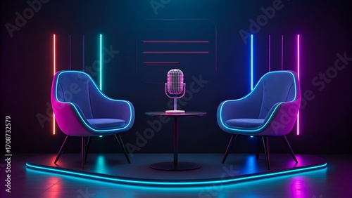 Modern podcast studio with neon lights chairs and microphone in dark background
