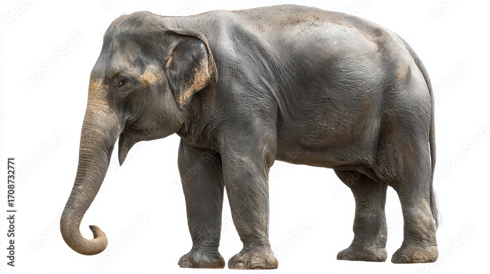 Naklejka premium Majestic Asian Elephant Standing, Extended Trunk Against White Backdrop Perfect for Marketing or Branding Projects, Inspiring Strength and Wisdom.