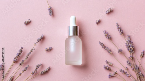 Minimal frosted glass dropper bottle with shiny cap surrounded by dried lavender sprigs on soft pink background for natural skincare branding.