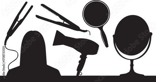 Hair salon tools silhouette vector design with woman hair styling and beauty equipment isolated on white