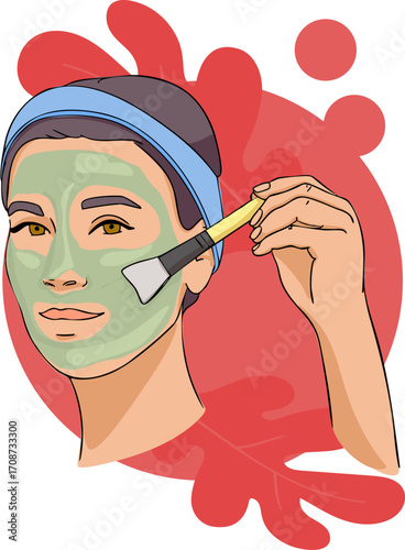 A girl is applying face cream with a spatula. Vector illustration.