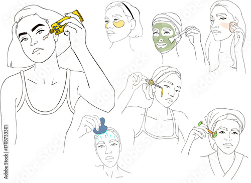 A set of illustrations of girls taking care of their face. Vector illustration.