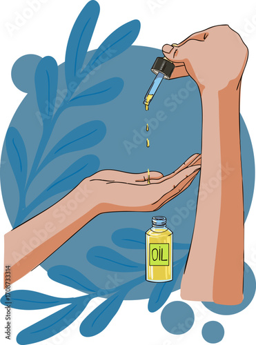 An image of a hand dripping oil from a pipette onto another hand. Vector illustration.