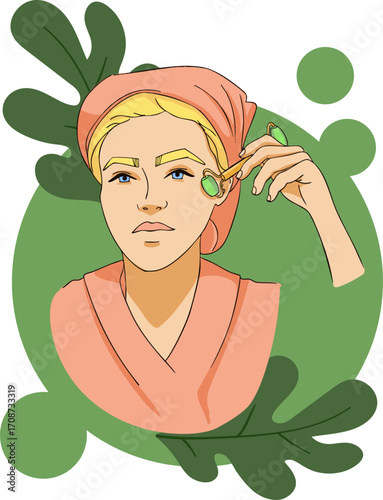 A girl is massaging her face with a roller for face. Vector illustration.