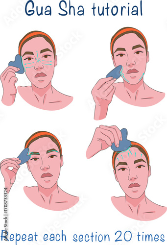 A set of illustrations on how to massage the face with a gua sha stone. Vector illustration.
