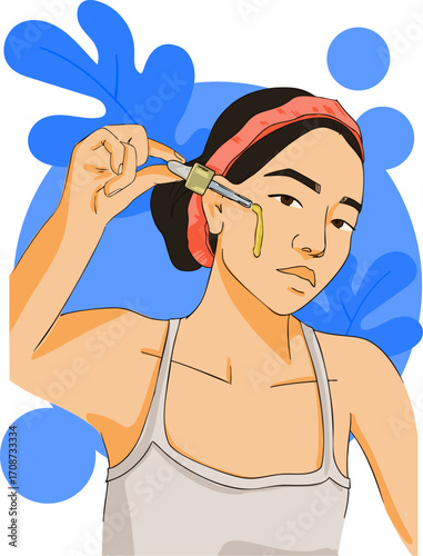 A girl is applying oil to her face with a dropper. Vector illustration.