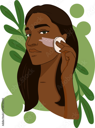 A girl is removing her makeup with a cotton pad. Vector illustration.