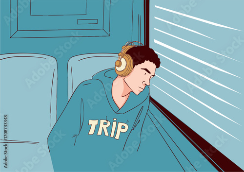 A guy is riding in a metro or train car. Vector illustration.