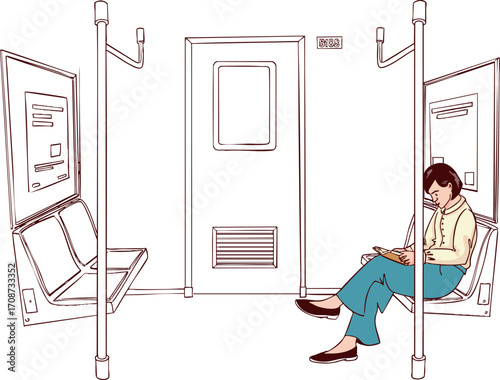 A girl is riding in a metro or train car. Vector illustration.