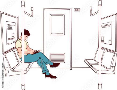 A guy is riding in a metro or train car. Vector illustration.