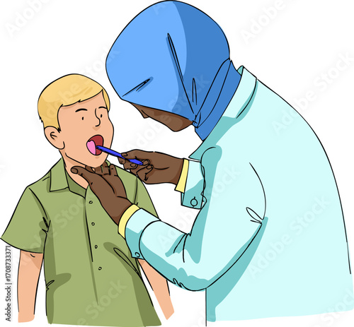 A pediatrician is checking a child's throat. Vector illustration.