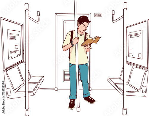 A guy is riding in a metro or train car. Vector illustration.