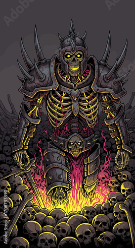 Armored Undead Warrior with Glowing Eyes Standing Atop Skull Pile with Sword.