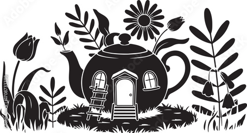 Teapot house vector illustration black and white fairy tale garden home design graphic art print 100 character